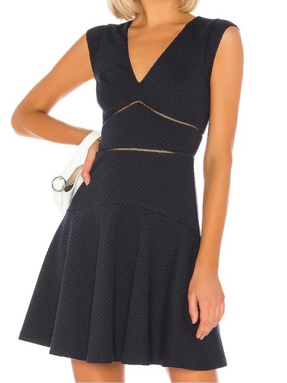 Rebecca Taylor Navy Textured V-Neck Fit-and-Flare Dress
